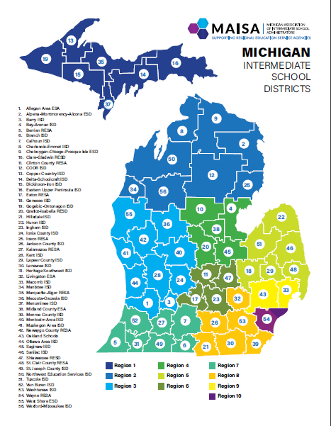 list of michigan's ISDs and regions